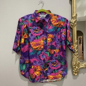 Vintage 90s Company One Cotton Button Hawaiian Floral Top Size Large Short Sleev